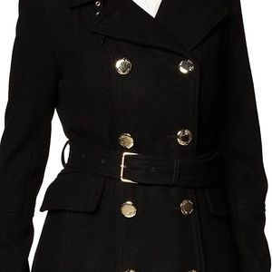 Calvin Klein Womens Gold Button Belted Black Peacoat Long Coat